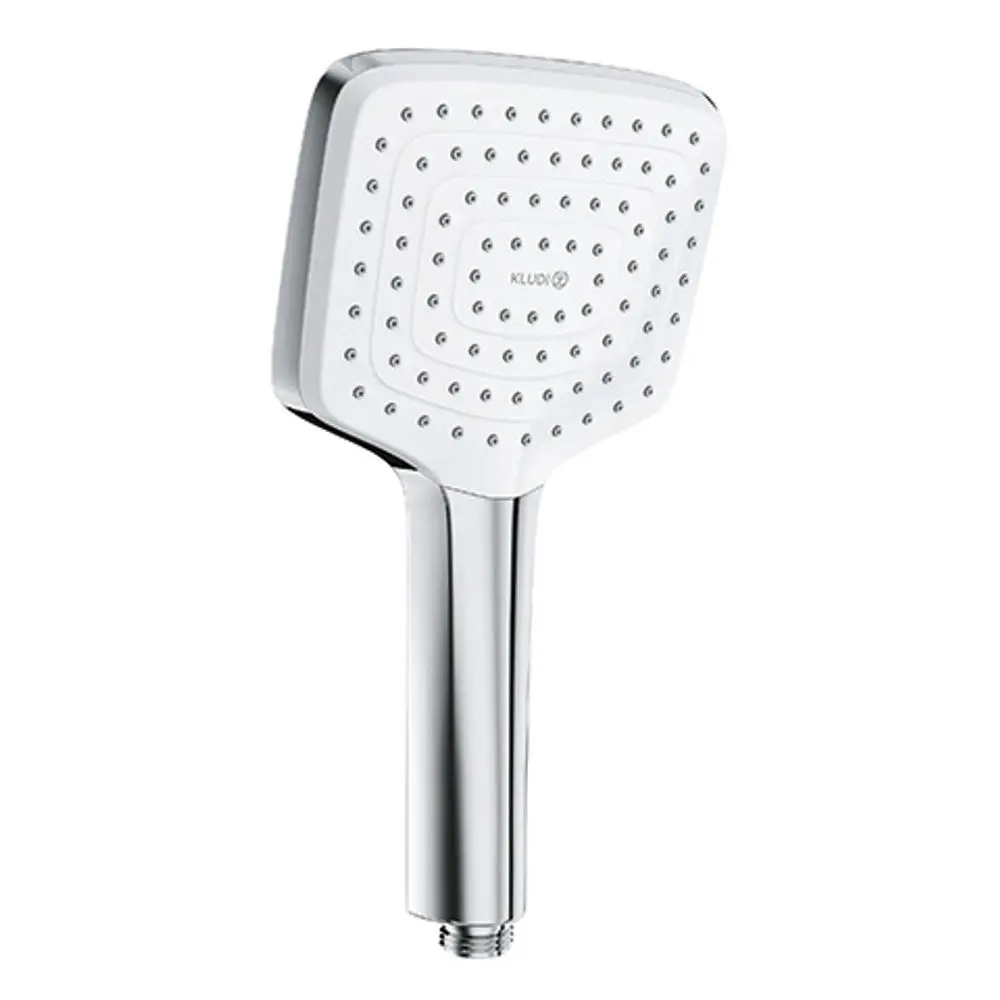 Handbrause in chromfarbenem Finish von Kludi, mit quadratischem Kopf und gleichmäßig angeordneten Duschstrahlen für eine gleichmäßige Wasserverteilung.